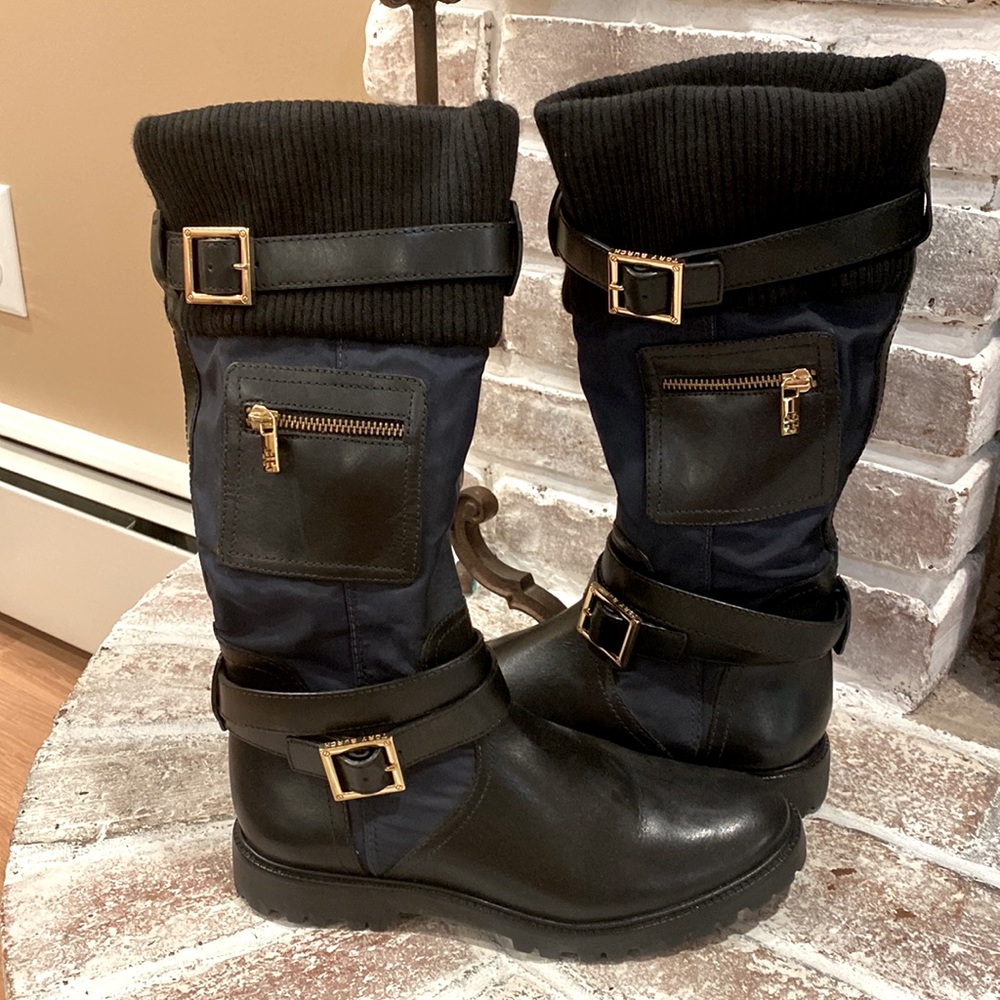 Tory Burch Black Leather & Navy Nylon Boots w Gold Buckles and Side Zip